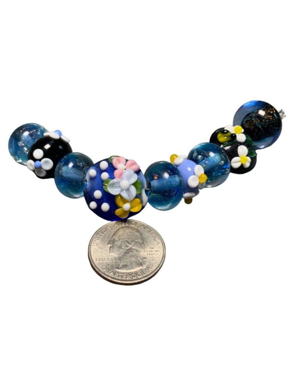 Handmade Floral Lampwork Glass Beads Blue & Black 9 Pieces Jewelry